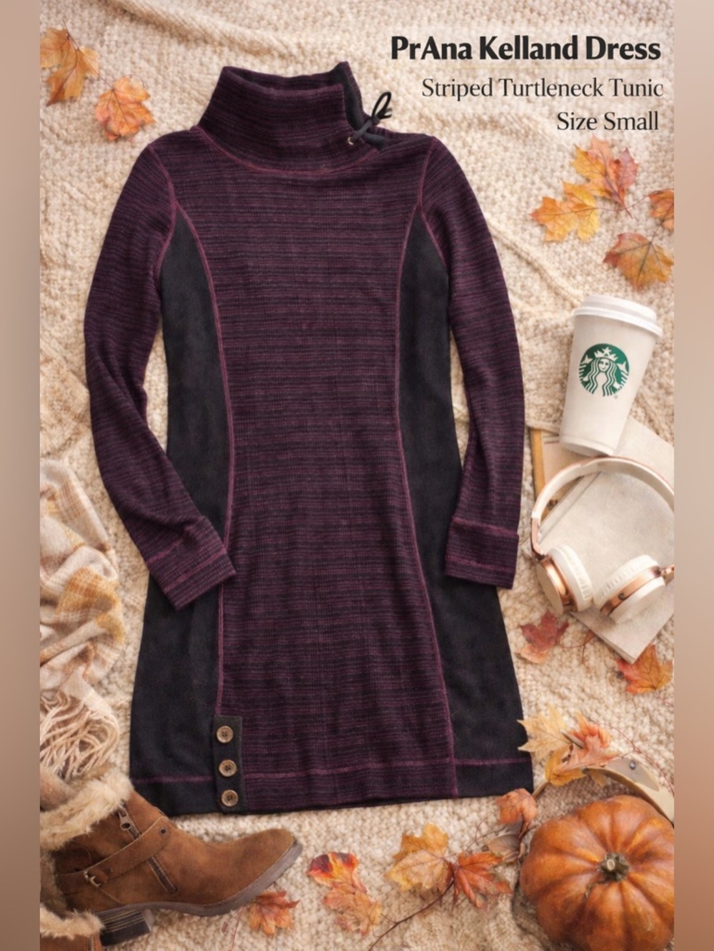 PrAna Purple and Black Striped Turtleneck Tunic Dress